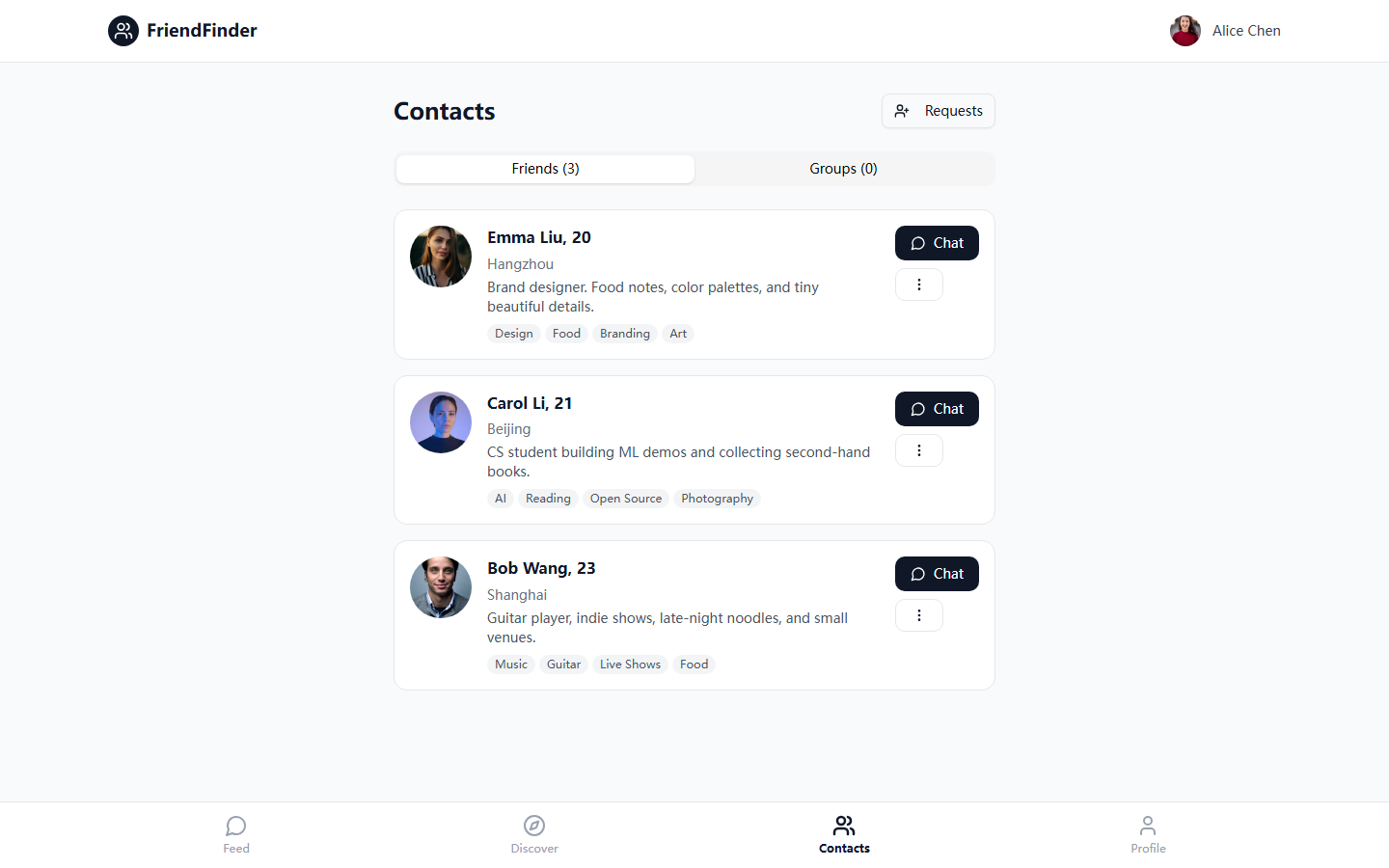 FriendFinder 联系人页面截图
